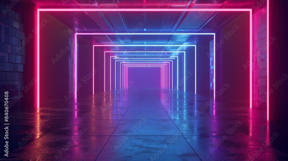Futuristic pink blue spectrum glowing lines framed tunnel in neon lights, virtual reality, abstract portal background, fashion show stage, empty space, photo realistic, isolated, copy space Futuristic pink blue spectrum glowing lines framed tunnel in neon lights, virtual reality, abstract portal background, fashion show stage, empty space, photo realistic, isolated, copy space