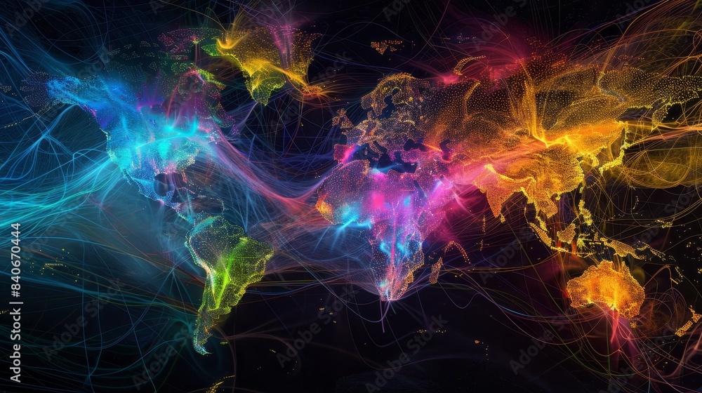 Global internet traffic map with undersea cables and data hubs, depicted in vibrant colors, showcasing dynamic data flows and network connections Global internet traffic map with undersea cables and data hubs, depicted in vibrant colors, showcasing dynamic data flows and network connections