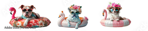Three dogs with sunglasses and floral accessories in pool floats, including flamingo and swan shapes on a transparent background.