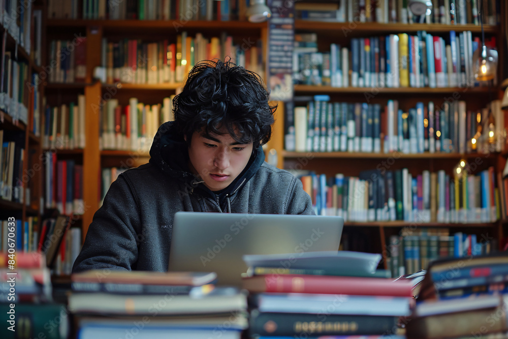 Young man studying on a laptop in a library. Education and academic learning concept Young man studying on a laptop in a library. Education and academic learning concept