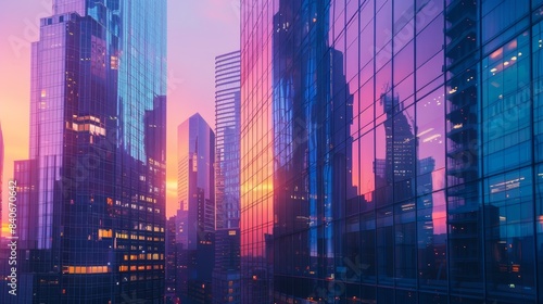Skyscrapers in city center at twilight with reflective glass facades, capturing modern urban architecture, photo realistic, isolated background, ample copy space