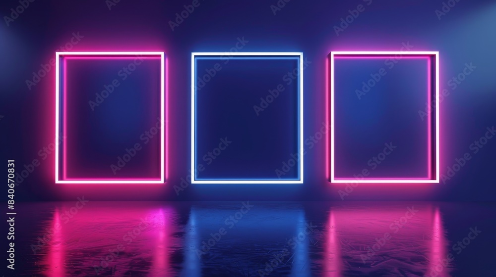 Three neon glowing white picture frames on dark navy background, ideal for exhibition showcase, event signs, menu mock-up, night club, isolated, photo realistic, plenty of copy space Three neon glowing white picture frames on dark navy background, ideal for exhibition showcase, event signs, menu mock-up, night club, isolated, photo realistic, plenty of copy space