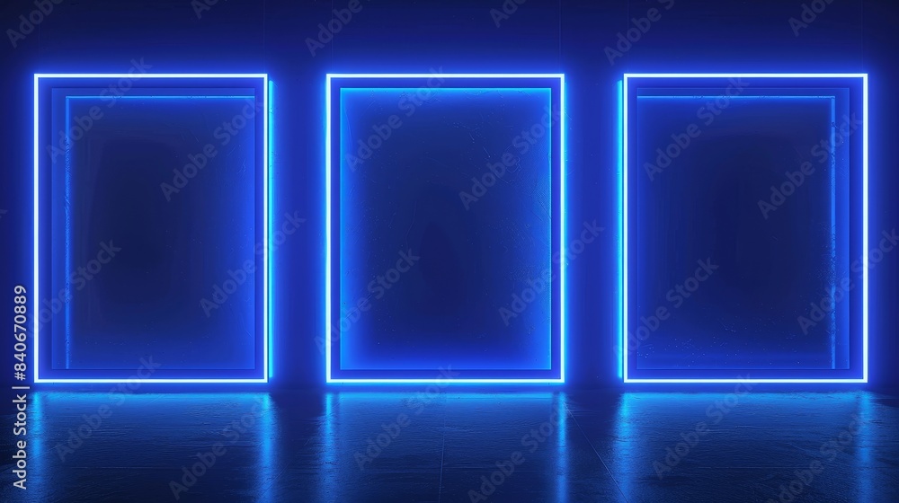 Three vibrant blue neon picture frames glowing against a dark navy backdrop, perfect for showcasing exhibition items, event signs, or mock-up menus Three vibrant blue neon picture frames glowing against a dark navy backdrop, perfect for showcasing exhibition items, event signs, or mock-up menus