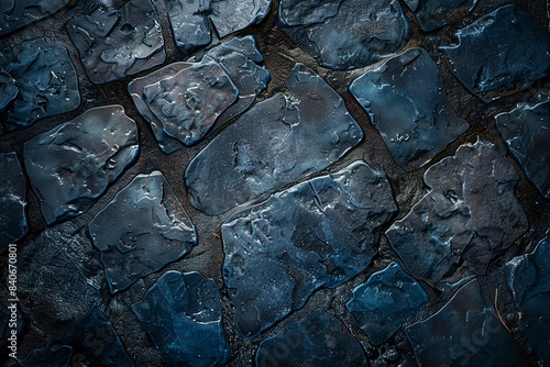 Blue highlights on wet stone floor with stones on dark background. Generative ai