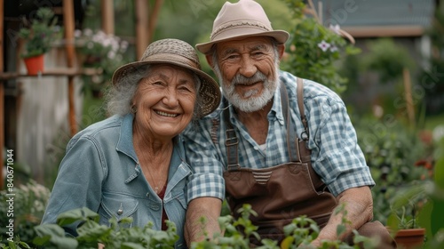 Happy Elderly Couple Gardening Together, Enjoying Active and Smiling Time Outdoors. © BOONJUNG