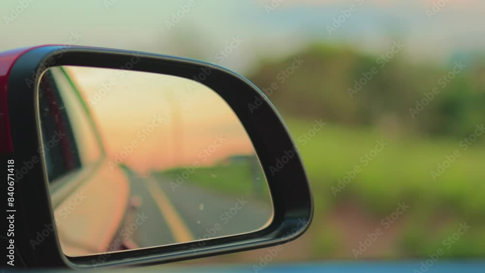 The sun is reflected in the mirror, evening road. View in the side rear view mirror of a red car driving along the highway The sun is reflected in the mirror, evening road. View in the side rear view mirror of a red car driving along the highway