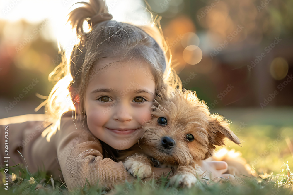 Childr hugging puppy in outdoor settings. Candid family and pet portrait photography. Design for greeting card, poster, and print Childr hugging puppy in outdoor settings. Candid family and pet portrait photography. Design for greeting card, poster, and print
