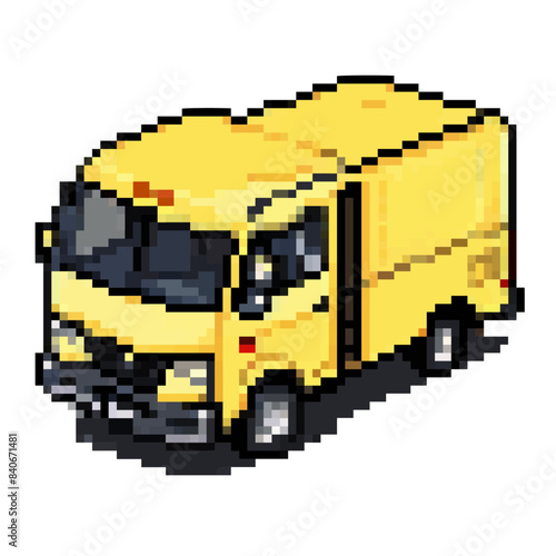 A yellow courier van out delivering goods. A logistic transport truck shipping cargo. Vector pixel art, 2D clipart illustration, isolated on transparent background.