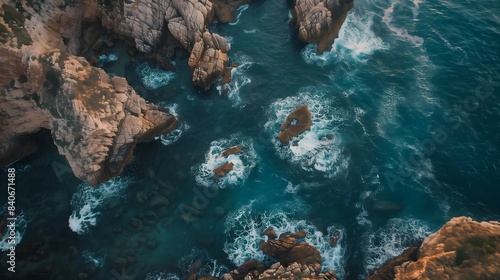 Aerial View of Rugged Coastline - Waves Crashing on Rocks