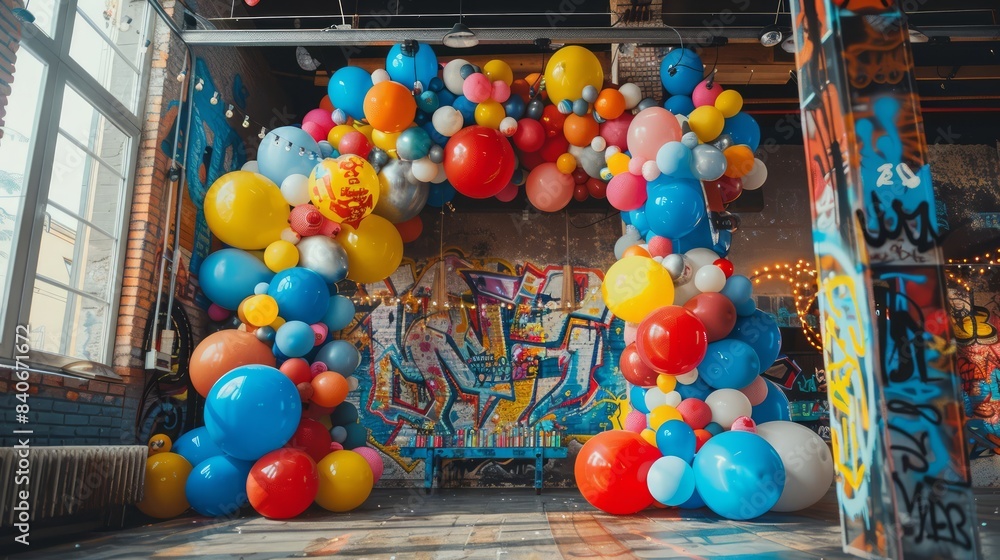 Fototapeta premium A room with a colorful arch made of balloons