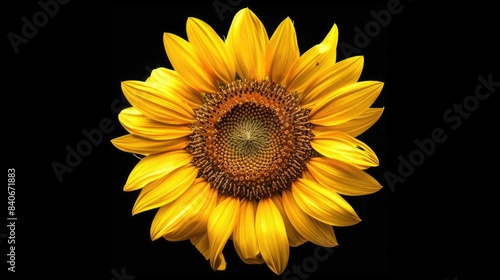A bright and cheerful yellow sunflower stands out against a dark black background, perfect for use in designs where you want to draw attention to something