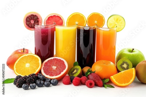 A colorful arrangement of fresh fruits and juices on a table