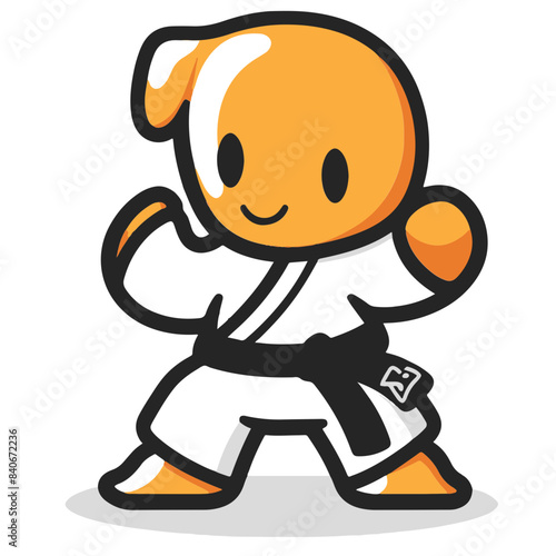 Cute martial arts cartoon figure in karate pose with white gi and black belt on white background. Perfect for kids' content and designs.