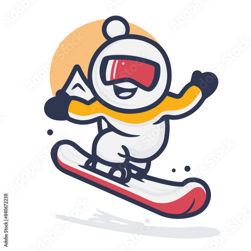 Cute cartoon character snowboarding in winter gear with enthusiastic expression against sunset backdrop.