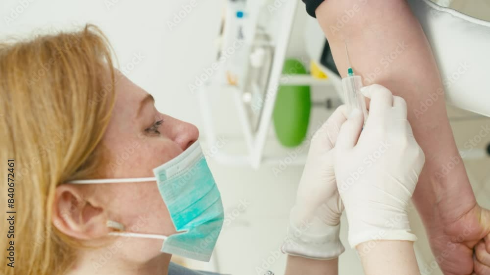 Doctor Sampling Close-up of a female doctor setting up a blood sampling system. A ...