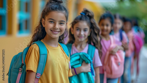 Group of Happy Children in Line with Backpacks Smiling Outside Colorful School Building