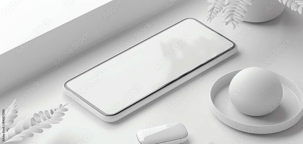 Modern white smartphone on a white background with a sphere and minimal Modern white smartphone on a white background with a sphere and minimal
