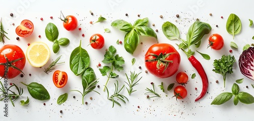 Fresh herbs, tomatoes, and spices arranged on a white background.