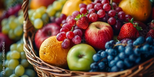 A basket overflowing with fresh fruit  including red and green grapes  apples  oranges  and strawberries