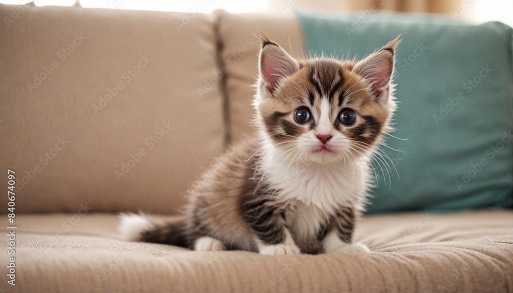 ソファーでくつろぐ愛らしい子猫 ソファーでくつろぐ愛らしい子猫