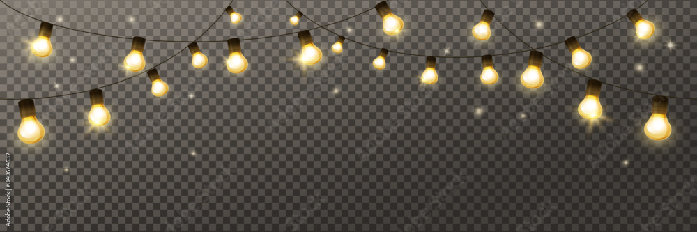 Light bulbs seamless garland. Isolated holiday decoration, lamps frame. For Christmas, Ramadan, Al-Adha Eid banners, wedding or birthday cards. Transparent background can be removed in vector format. Light bulbs seamless garland. Isolated holiday decoration, lamps frame. For Christmas, Ramadan, Al-Adha Eid banners, wedding or birthday cards. Transparent background can be removed in vector format.