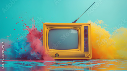 Wallpaper Mural Creative and unique view of a vintage retro television from the 80s in lemon yellow color surrounded by colorful smoke bomb on a gentle mint blue background, capturing the style of wild 80s parties Torontodigital.ca
