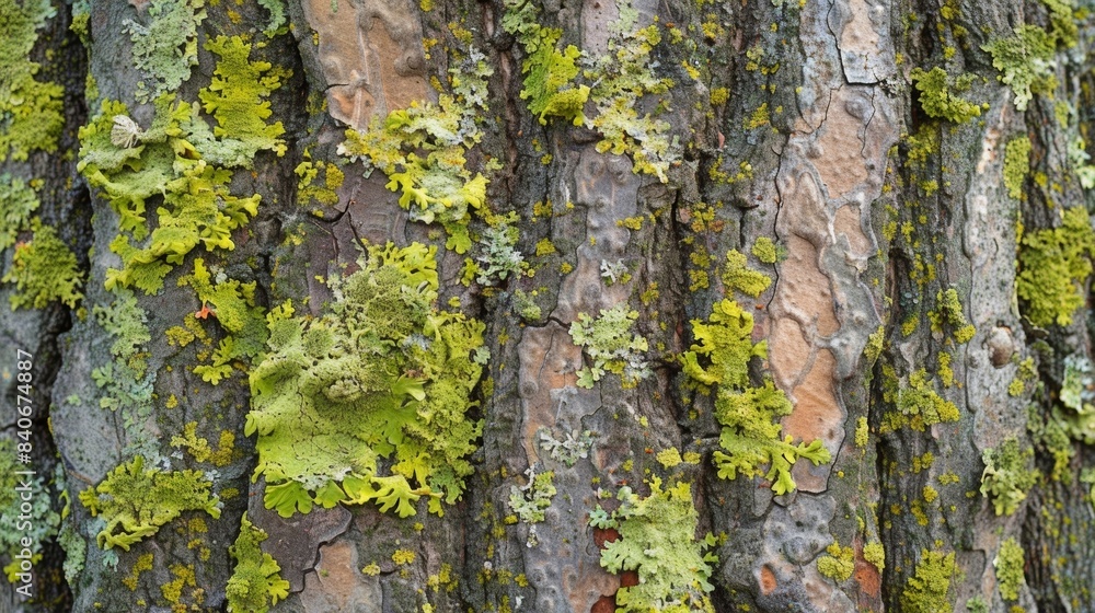 Obraz premium A zoomedin image of lichen spreading across the bark with small puffs of fuzzy white s ast the green creating a playful and whimsical texture