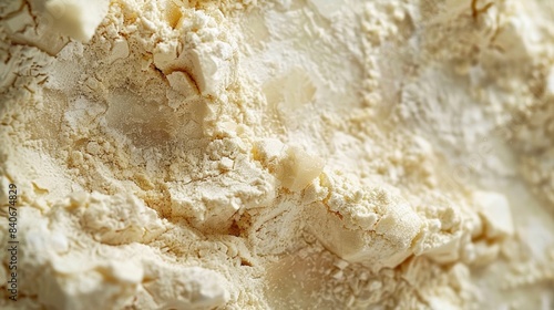 An extreme closeup of flour shows a gritty texture with individual particles visible to the d eye