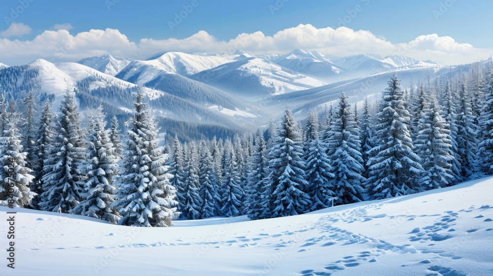 Snowy mountainside with coniferous trees and snow-covered trails