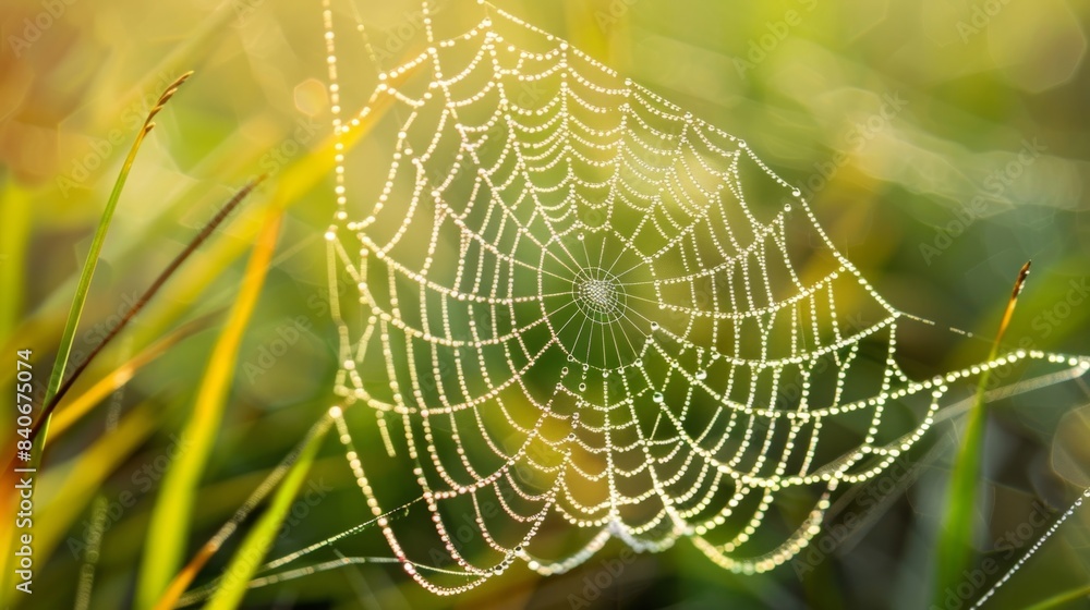A dewy spider web its silky threads covered in droplets of water creating a glistening ethereal effect A dewy spider web its silky threads covered in droplets of water creating a glistening ethereal effect