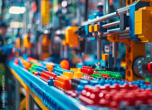 Wallpaper Mural Assembly line creating toy parts, workers ensuring quality, colorful toy manufacturing facility Torontodigital.ca