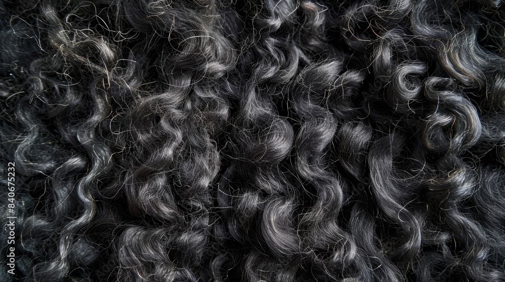 Long and curly black wool fibers resembling a fluffy sheeps coat Long and curly black wool fibers resembling a fluffy sheeps coat