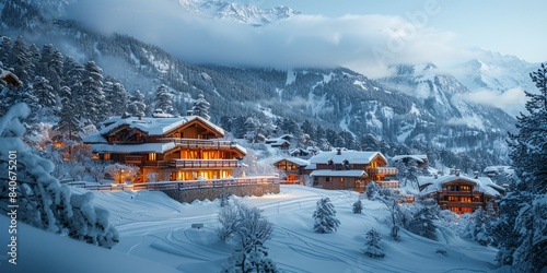 A scenic view of a small village nestled in the snowy Alps, with cozy chalets lit up at dusk