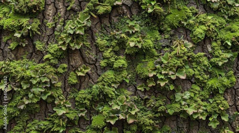 An intricate pattern of tiny intricate leaves and stems of moss cover a trees surface like a detailed tapestry An intricate pattern of tiny intricate leaves and stems of moss cover a trees surface like a detailed tapestry