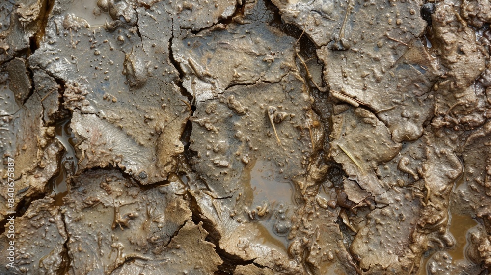 The rough and gritty texture of mud drying on the surface of a puddle creating a hardened and crusty appearance The rough and gritty texture of mud drying on the surface of a puddle creating a hardened and crusty appearance