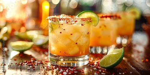 A refreshing spicy margarita cocktail garnished with a lime wedge sits on a wooden table photo