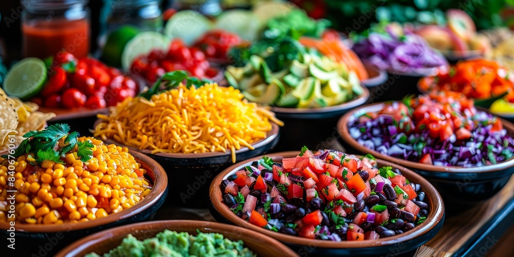 An array of fresh and vibrant Mexican food toppings, ready for assembling a delicious meal An array of fresh and vibrant Mexican food toppings, ready for assembling a delicious meal