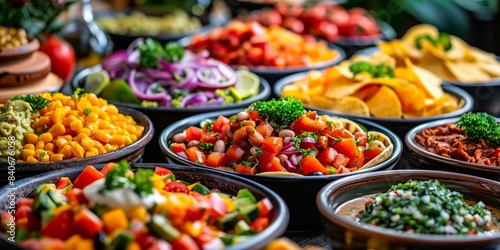 Close-up shot of a variety of freshly prepared Mexican-style dips and salads in bowls on a table © imagemir