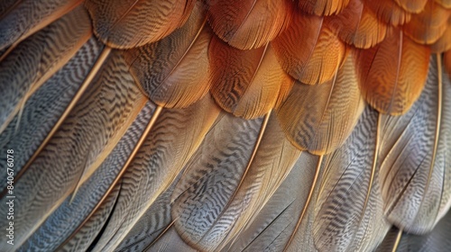 A closeup of a feather pattern with each individual plume overlapping in an organic and fluid manner creating a sense of movement and flow