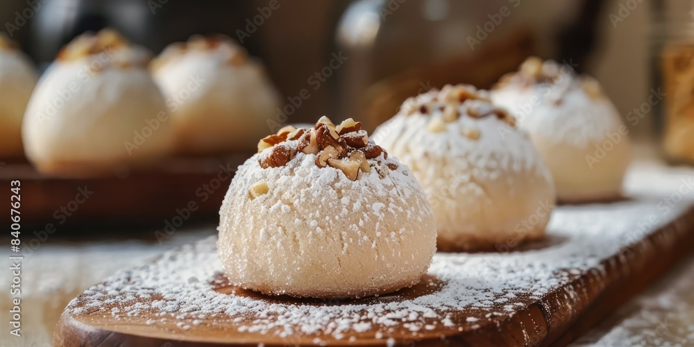 Freshly baked cookies topped with pecans and dusted with powdered sugar sit on a wooden board Freshly baked cookies topped with pecans and dusted with powdered sugar sit on a wooden board
