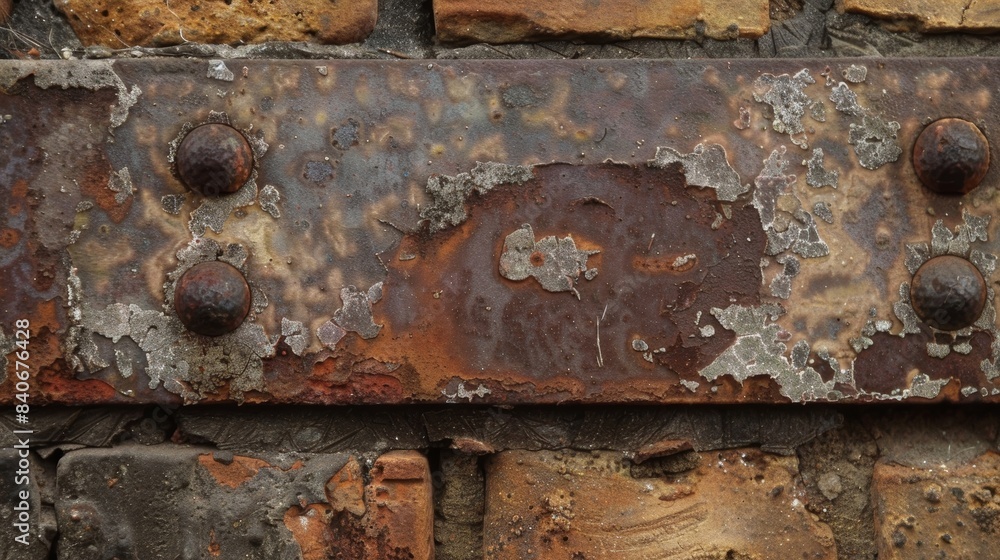 Rusty accents A closeup image showcasing the rustic charm of weathered brick with rusted metal accents and stains adding a weathered and worn element to the texture Rusty accents A closeup image showcasing the rustic charm of weathered brick with rusted metal accents and stains adding a weathered and worn element to the texture