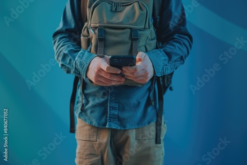 A person carrying a backpack holds a cell phone, possibly on the go or in an emergency situation