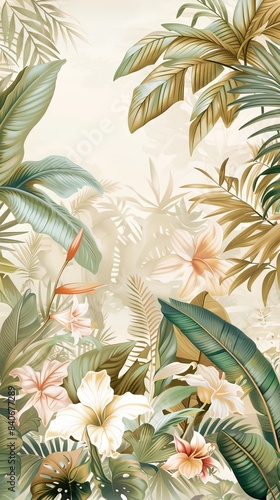 Illustration of tropical wallpaper print design with palm banana leaves and birds on canvas texture. Tropical plants and birds on textured background. AI generated illustration