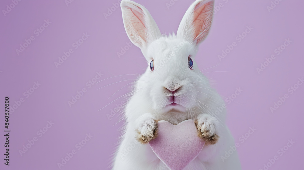 Attentive White Rabbit with Perked Ears and Soft Fur Against a Serene Purple Background, a Symbol of Curiosity Attentive White Rabbit with Perked Ears and Soft Fur Against a Serene Purple Background, a Symbol of Curiosity