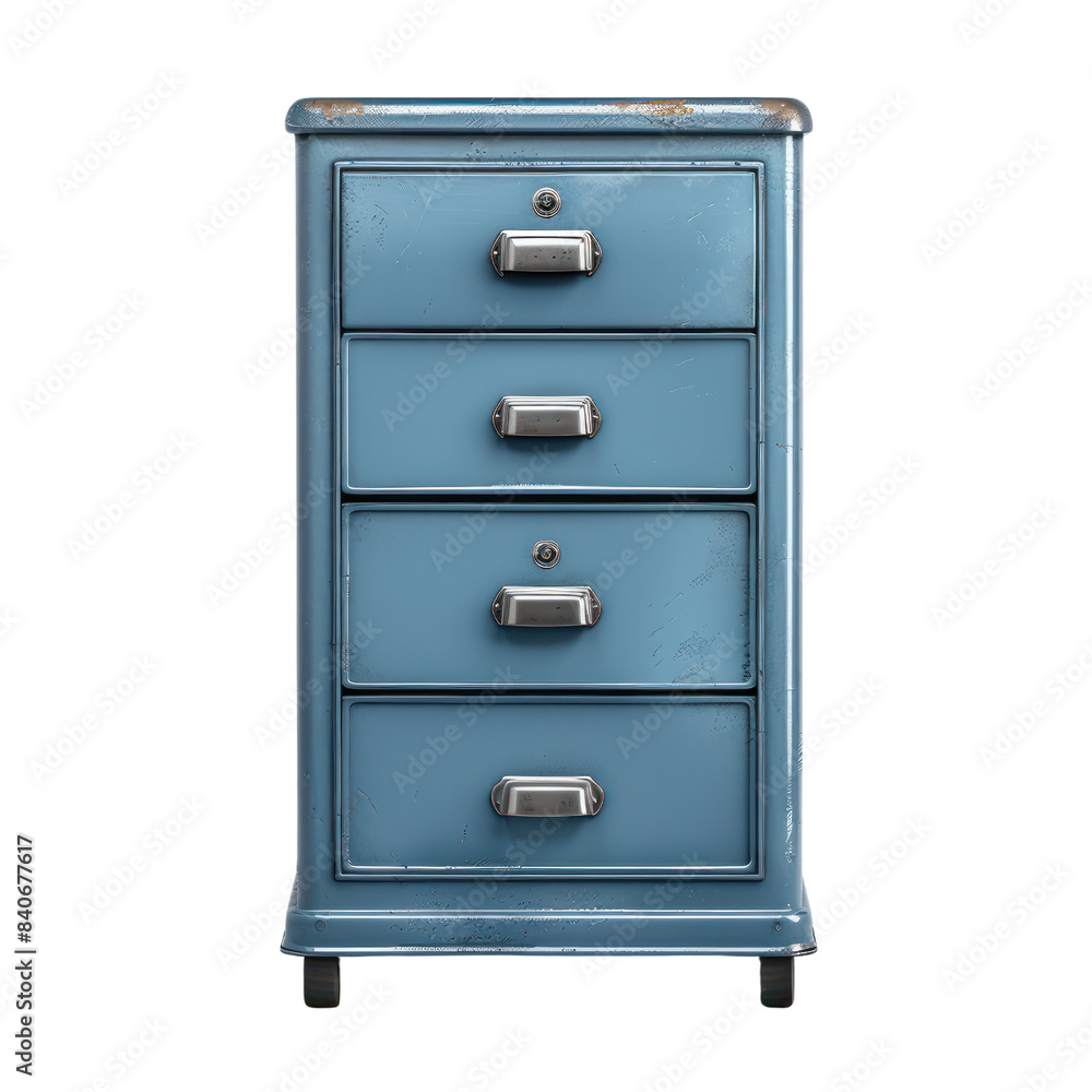 Antique blue metal filing cabinet with four drawers. Perfect for vintage-inspired home decor or office storage solutions. Antique blue metal filing cabinet with four drawers. Perfect for vintage-inspired home decor or office storage solutions.