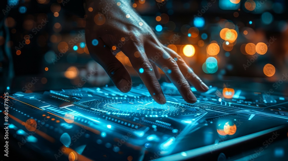 A hand reaches towards a blue digital interface, illuminated by bright lights in the background A hand reaches towards a blue digital interface, illuminated by bright lights in the background