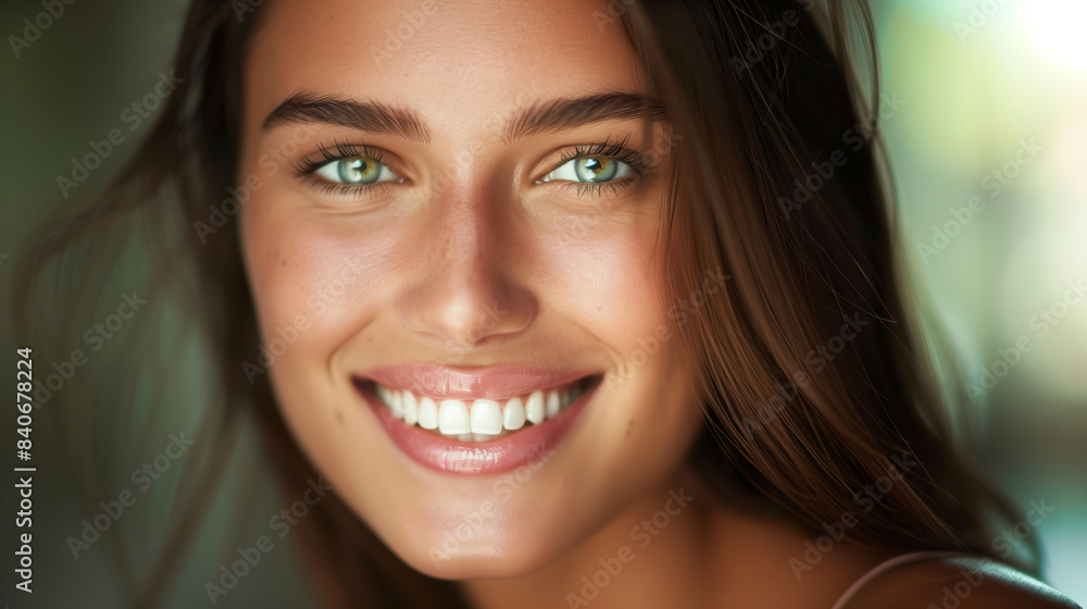 A woman with a white smile and a pink lip. Concept of happiness and confidence. perfect smile with beautiful veneers on a 28 year old female model A woman with a white smile and a pink lip. Concept of happiness and confidence. perfect smile with beautiful veneers on a 28 year old female model