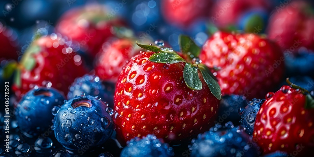 Close-up of ripe red strawberries and blue blueberries with water droplets, highlighting the contrasting colors