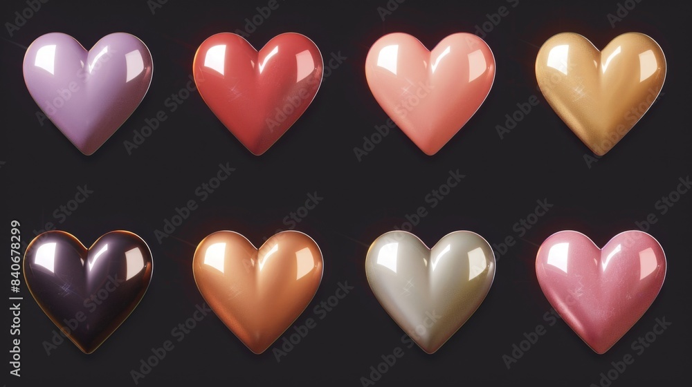 A collection of six colorful hearts arranged on a dark background A collection of six colorful hearts arranged on a dark background