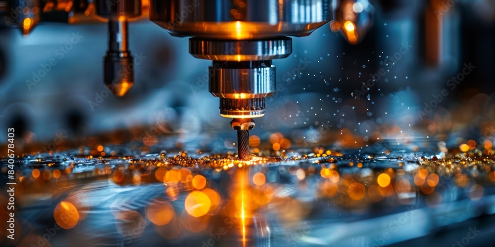 A close-up view of an industrial metal cutting machine in operation, sparks flying from the metal A close-up view of an industrial metal cutting machine in operation, sparks flying from the metal